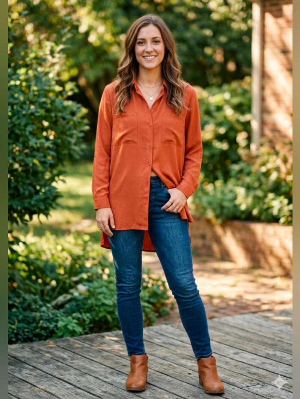 Shinestar Women's Orange Polyester Side Split Button Up Shirt Size Small
